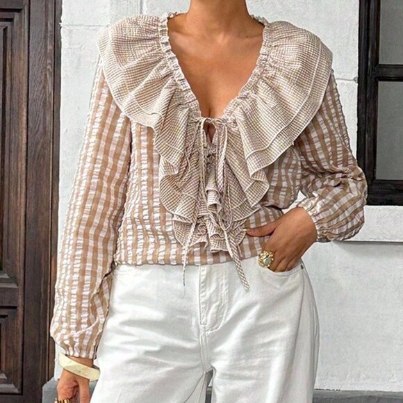 Khaki Casual Women's Ruffled Seersucker Blouse - Picture 3 of 6